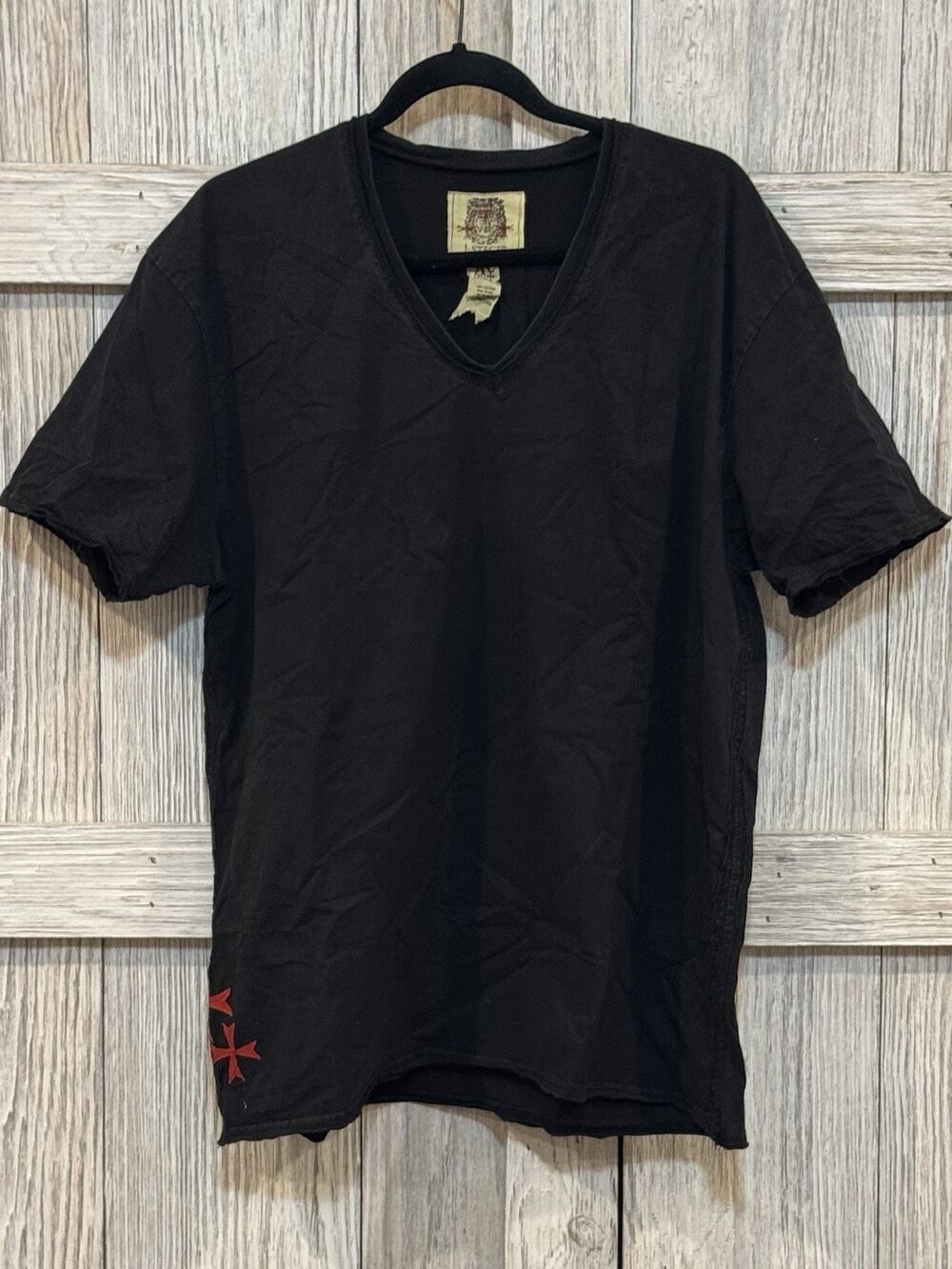 J. Steger Black Red Stitched Crosses On Sleeve Grunge Goth Shirt SZ XLarge